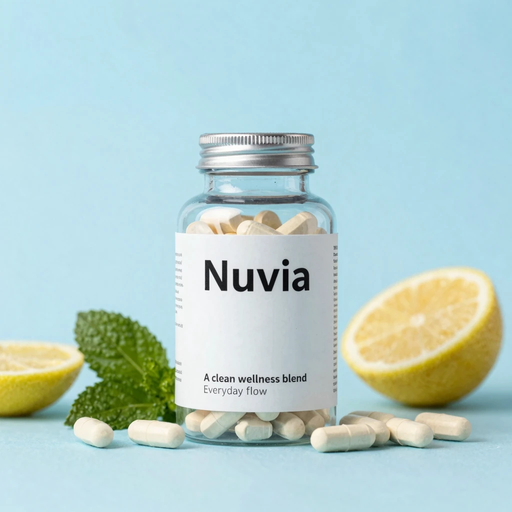 Soft gradient scene with Nuvia bottle and geometric accents